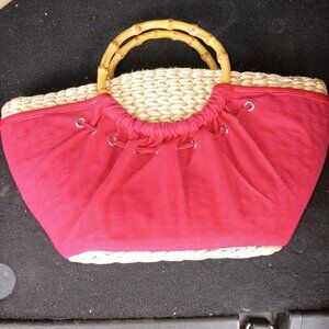Amanda Smith Women's Handbag red and wicker with Bamboo Handles 8" x 14" x  4.5"